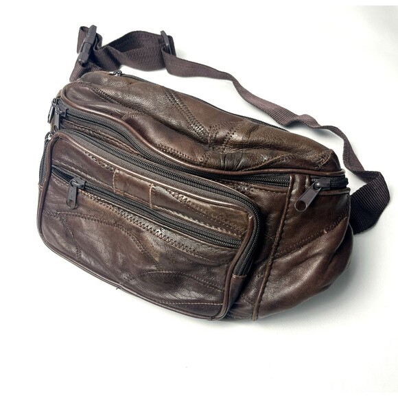 Vintage Italian Leather Oversized Fanny Pack Bag 6 Pockets Adjustable Brown - Picture 1 of 7